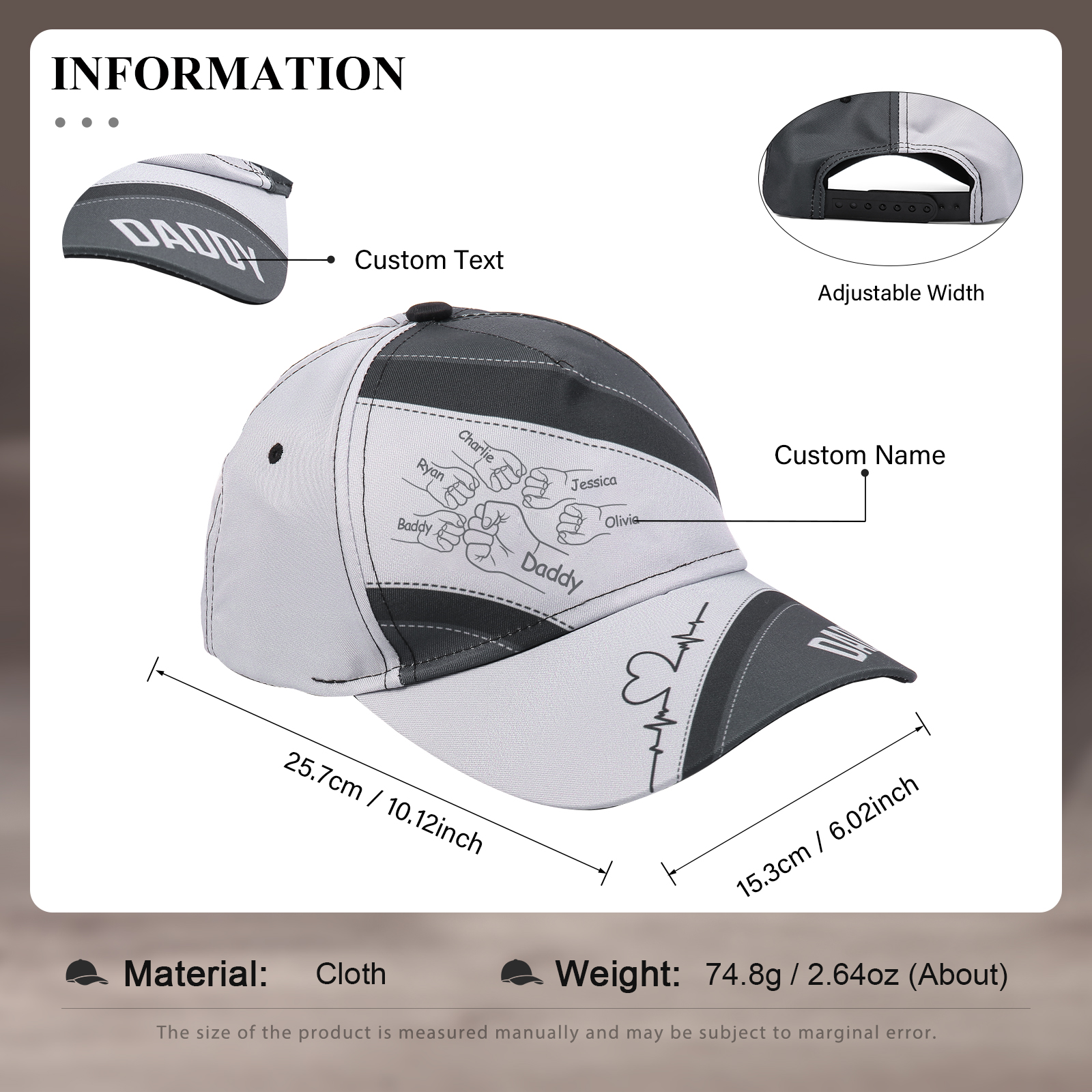 Personalized Fist Bump Classical Baseball Cap Custom 6 Names & 1 Text Snapback Adjustable Gift for Dad/Grandpa/Husband