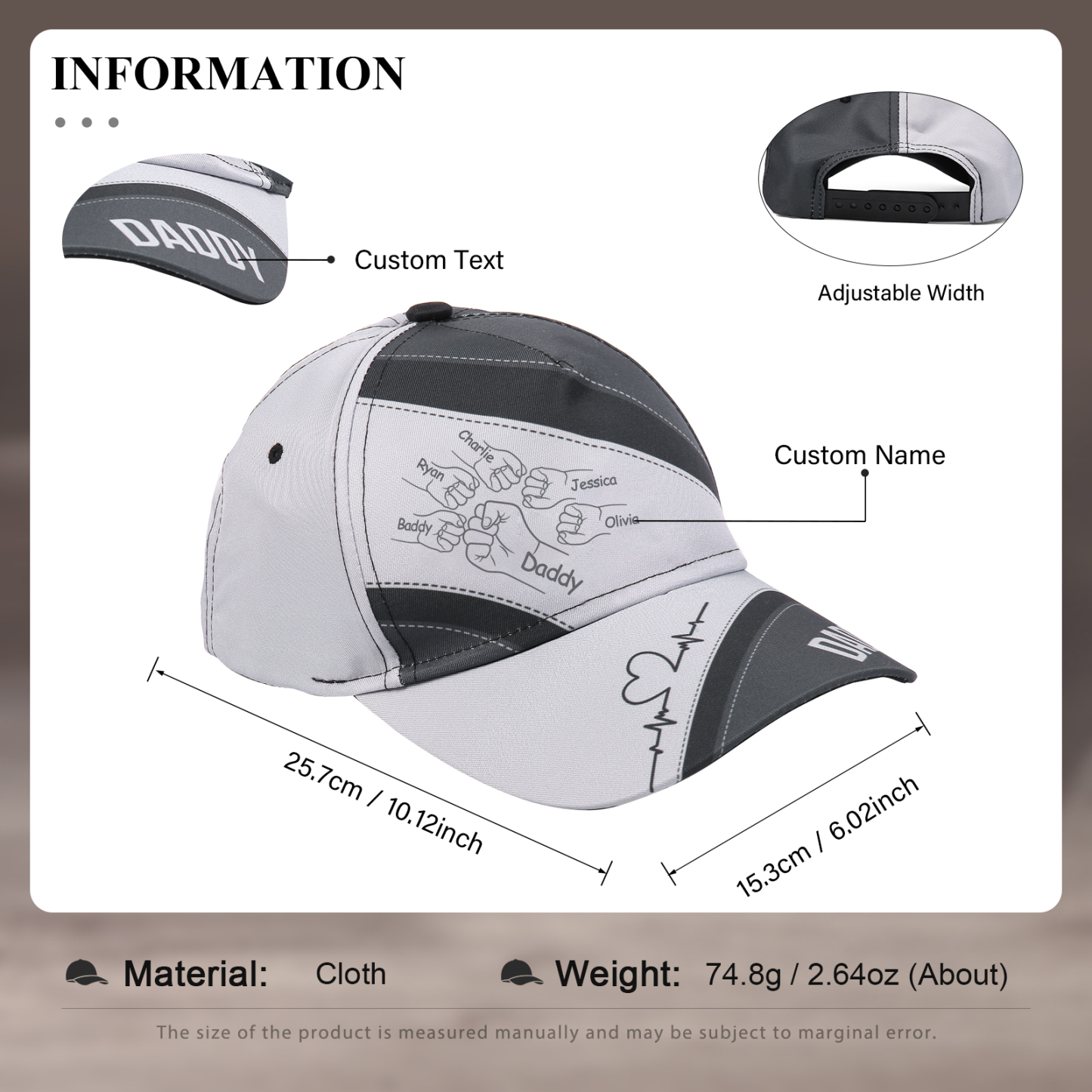 Personalized Fist Bump Classical Baseball Cap Custom 6 Names & 1 Text Snapback Adjustable Gift for Dad/Grandpa/Husband