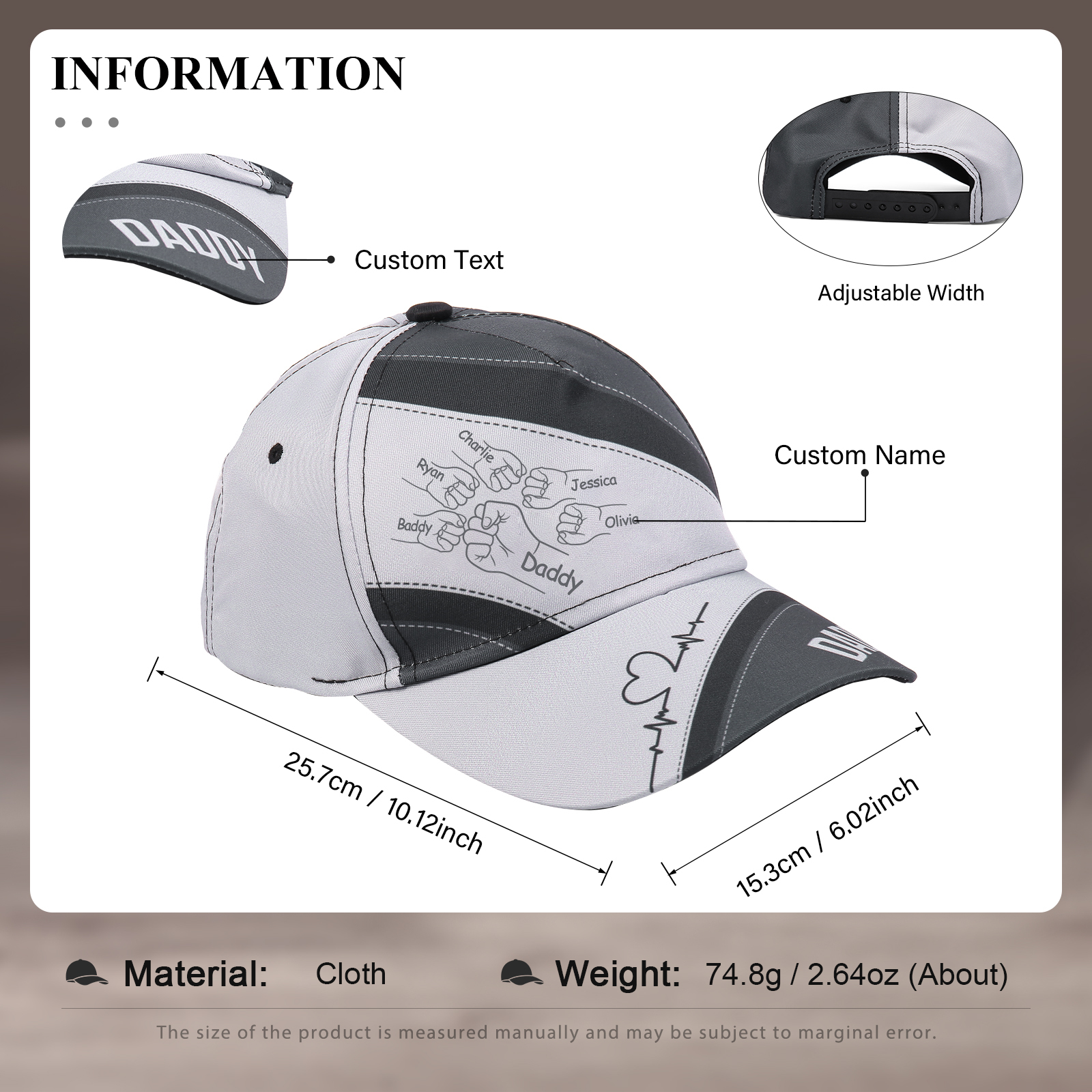 Personalized Fist Bump Classical Baseball Cap Custom 6 Names & 1 Text Snapback Adjustable Gift for Dad/Grandpa/Husband