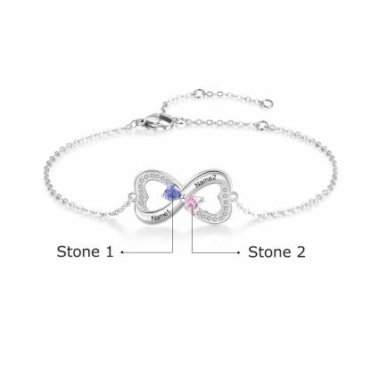Heart Infinity Bracelet with 2 Birthstones Engraved 2 Names Personalized Gift