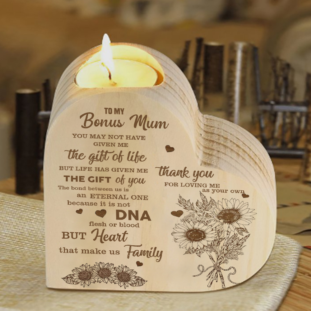To My Mum - Wooden Heart Candle Holder Flower Candlesticks "Thank you for loving me as your own" Gifts For Mother