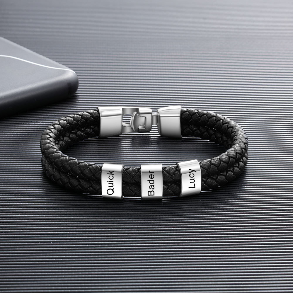 3 Names -Personalized Braided Leather Bracelet Engraved Men's Bracelet for Him