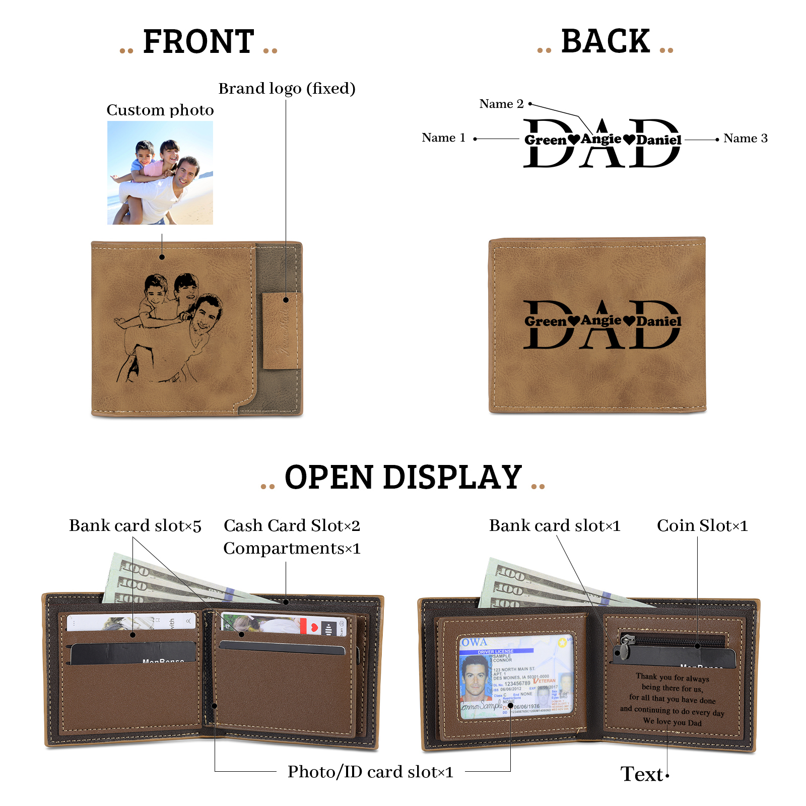 3 Names - Custom Photo & Text & Name Wallet Personalized Men's Leather Folding Wallet Gifts for Dad