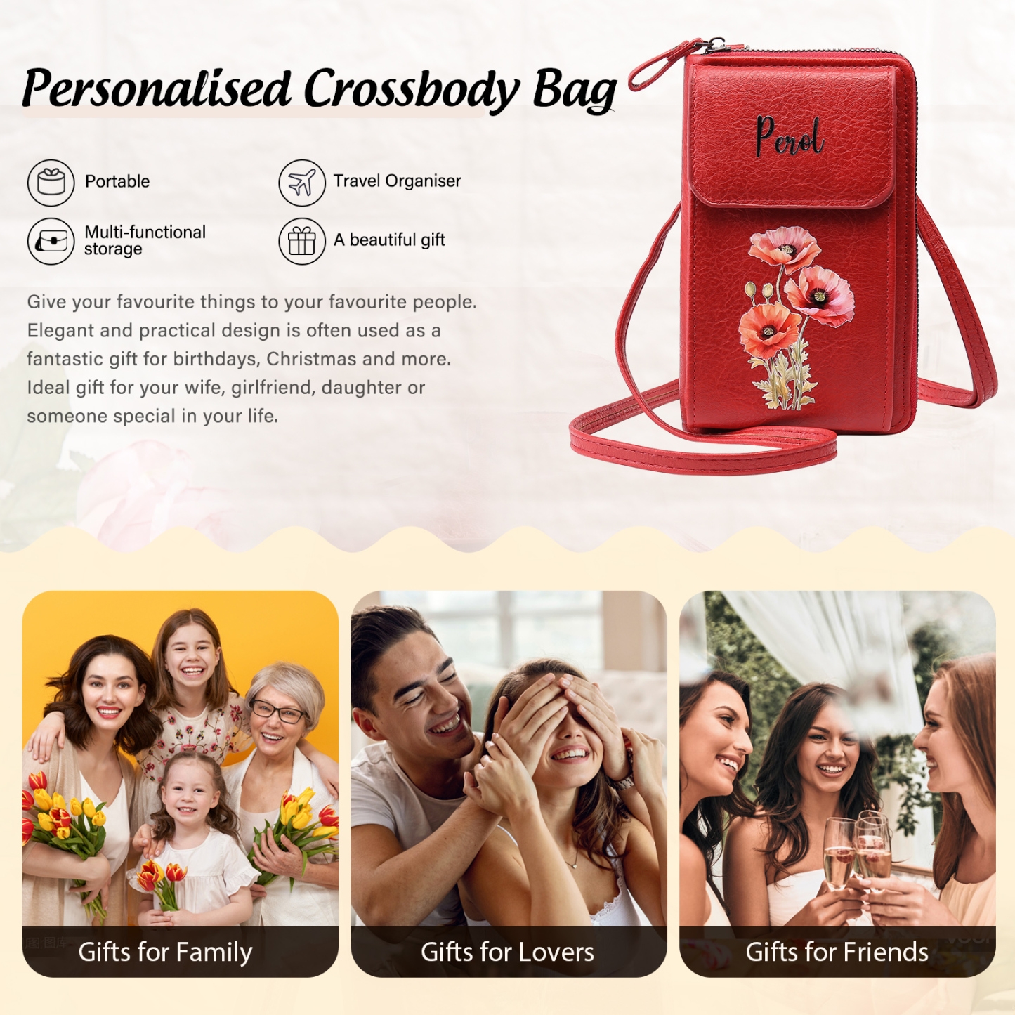 Personalized Women's Leather Wallet Custom Birthday Flower & Name Mobile Phone Wallet Zipper Crossbody Bag