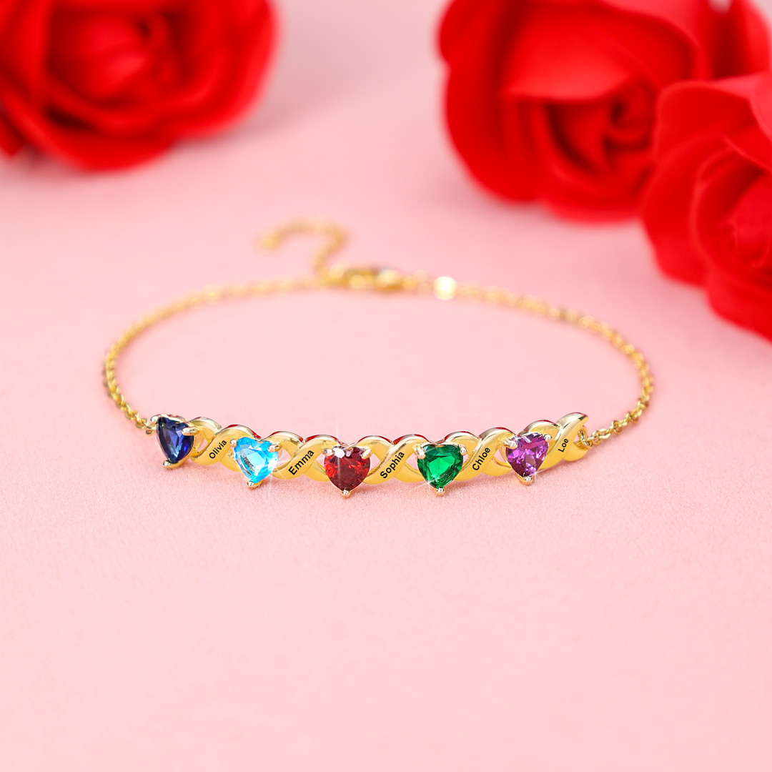 Family Custom Bracelet Heart Personalized with 5 Birthstones