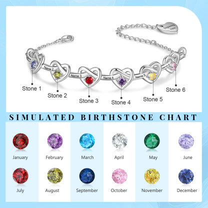 6 Names - Personalized Linked Heart Bracelet Custom 6 Birthstones Engraved Text Bracelets- Mother's Day Gift for Mom/Grandma
