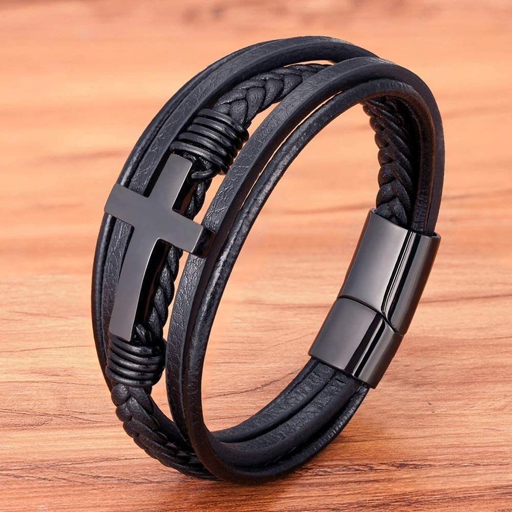 Men Braided Leather Cross Bracelets with Magnetic Clasp Gifts for Him