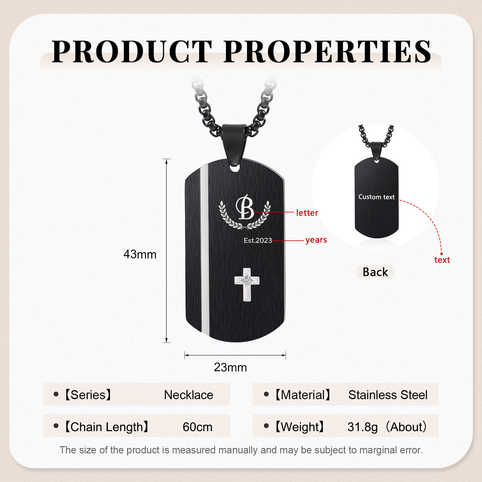 Personalized Men's Necklace Engraved Letter & Year & Text Dog Tag Necklace Stainless Steel Gift for Him