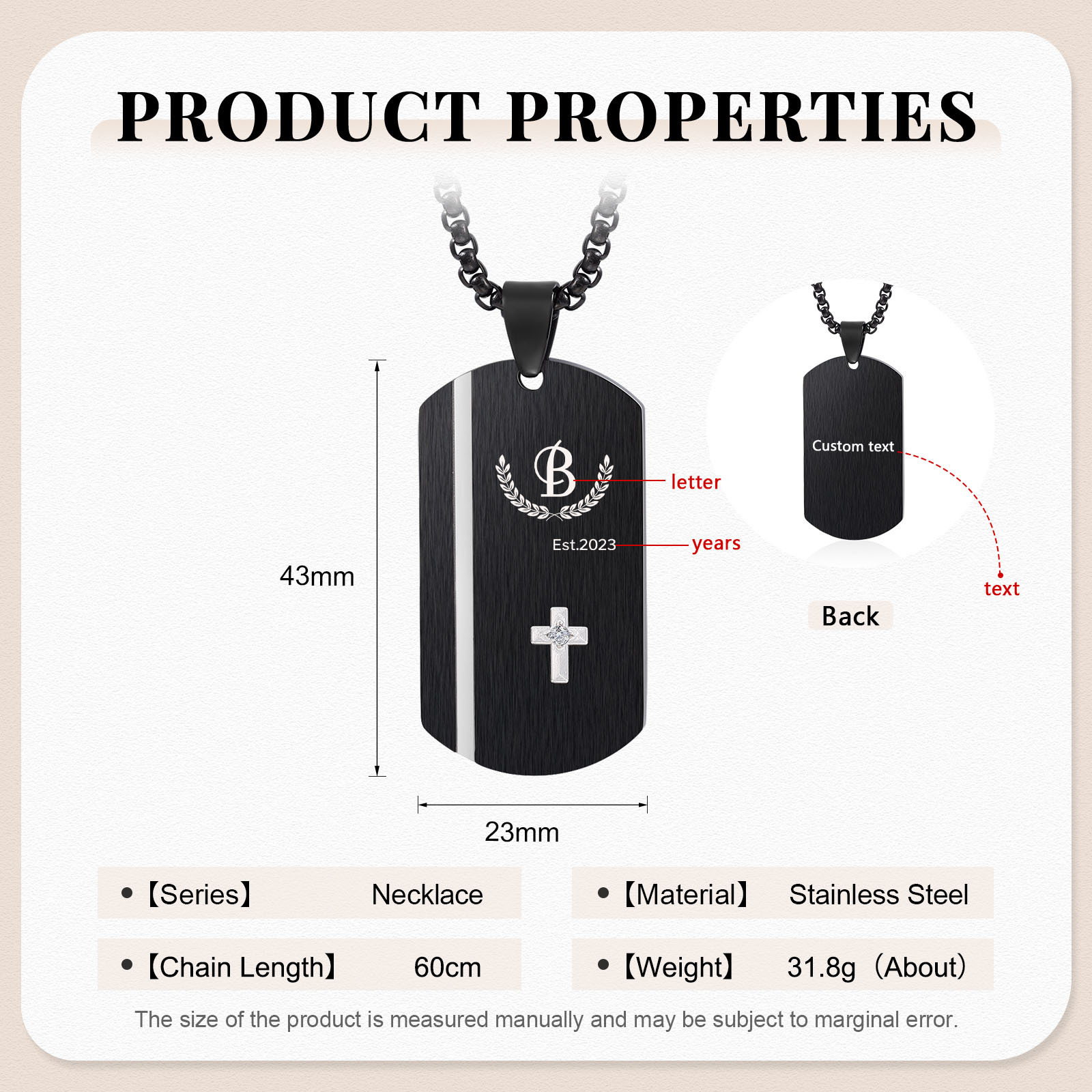 Personalized Men's Necklace Engraved Letter & Year & Text Dog Tag Necklace Stainless Steel Gift for Him