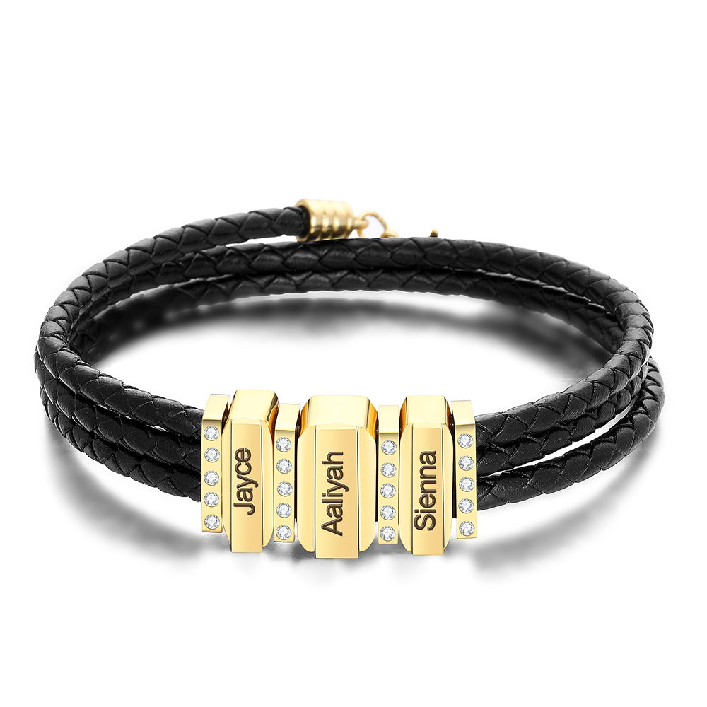 Personalized Mens Leather Bracelet Engraved 3 Names Three Layer Bracelet for Him
