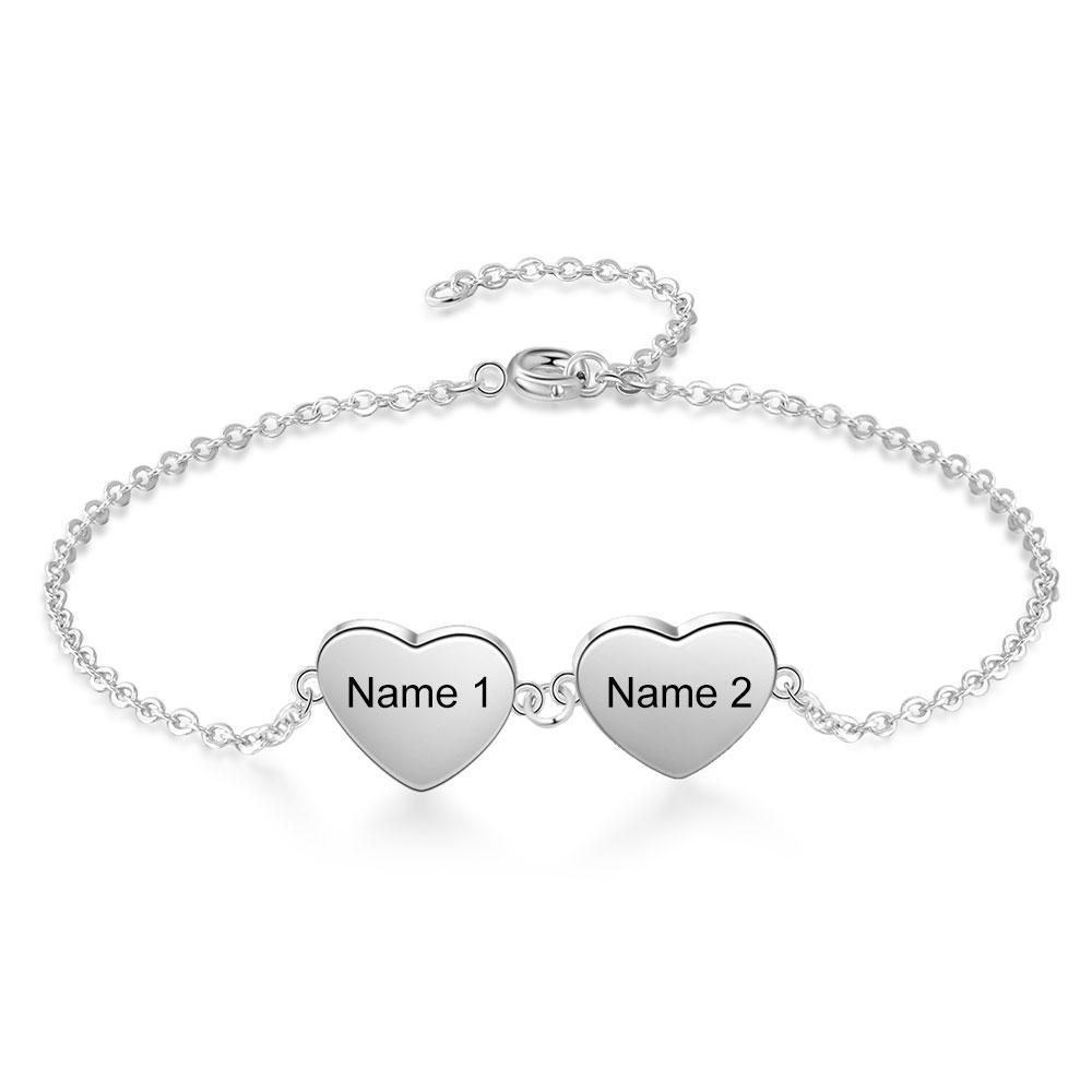 Personalized Photo Bracelet With Two Heart Pendant Engraved 2 Names