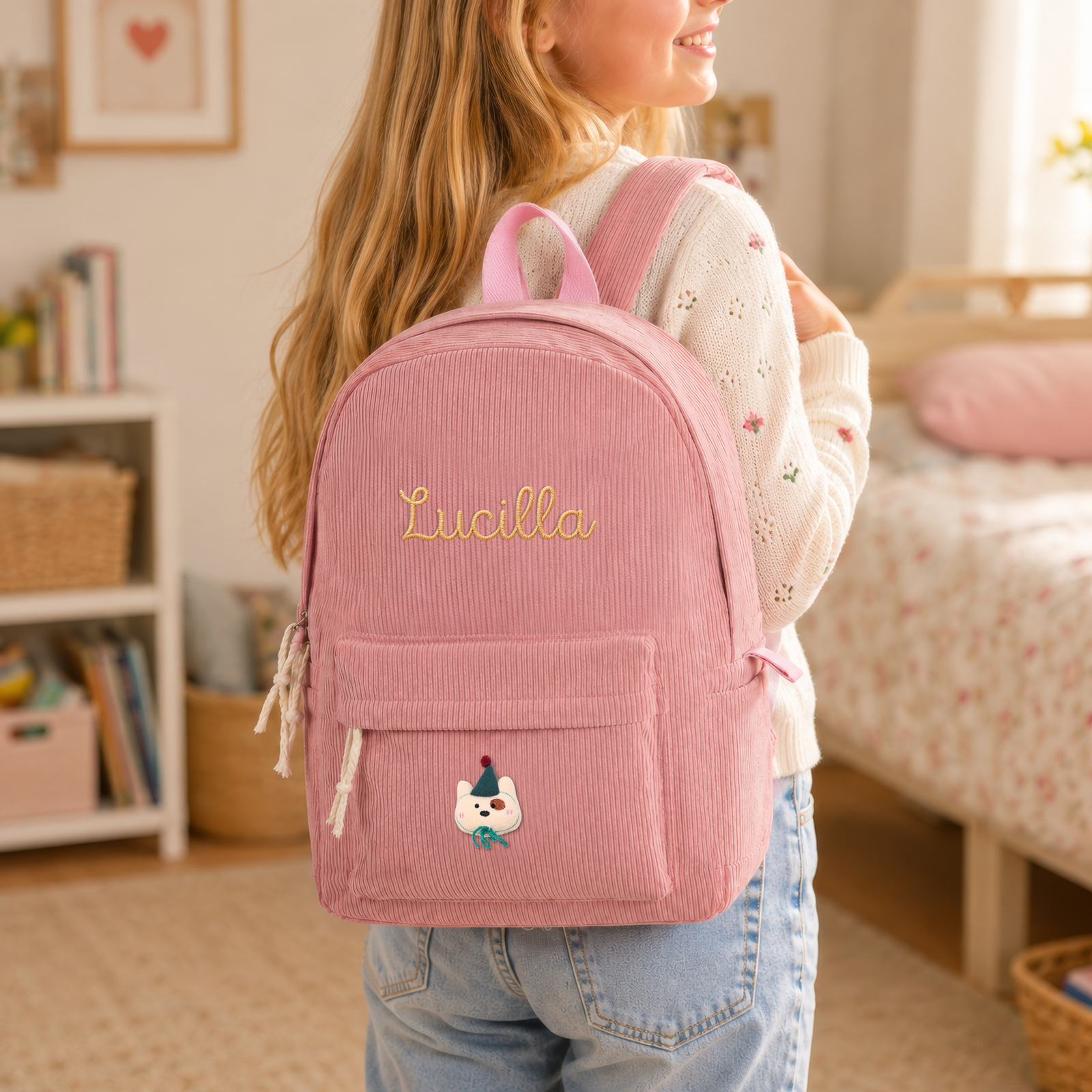Personalized Corduroy Kids Backpack with Embroidered Name and Cute Patch School Bag for Children