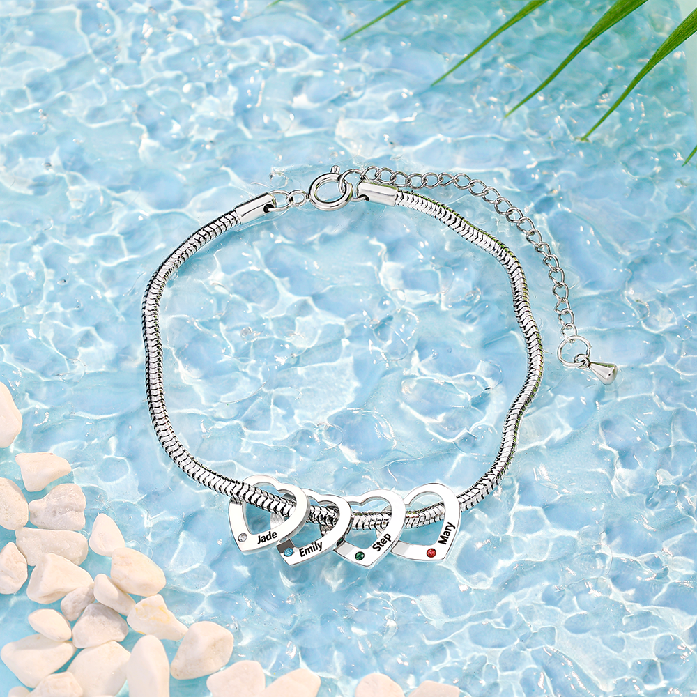 Custom Anklet Engraved 2 Names and Birthstones Heart Shaped Charm Personalized Bracelet for Women