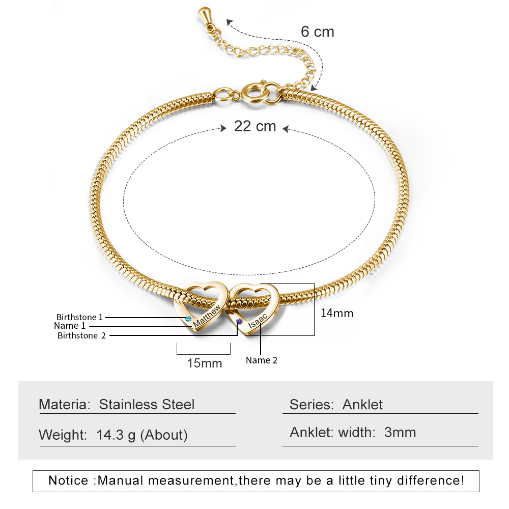 2 Names & 2 Birthstones Heart Charm Custom Birthstone Anklet – Mother’s Day Gift with Love | Lorajewel