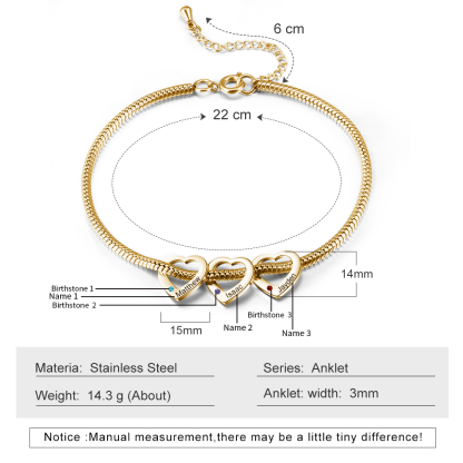 3 Names & 3 Birthstones Heart Charm Custom Birthstone Anklet – Mother’s Day Gift with Love | Lorajewel