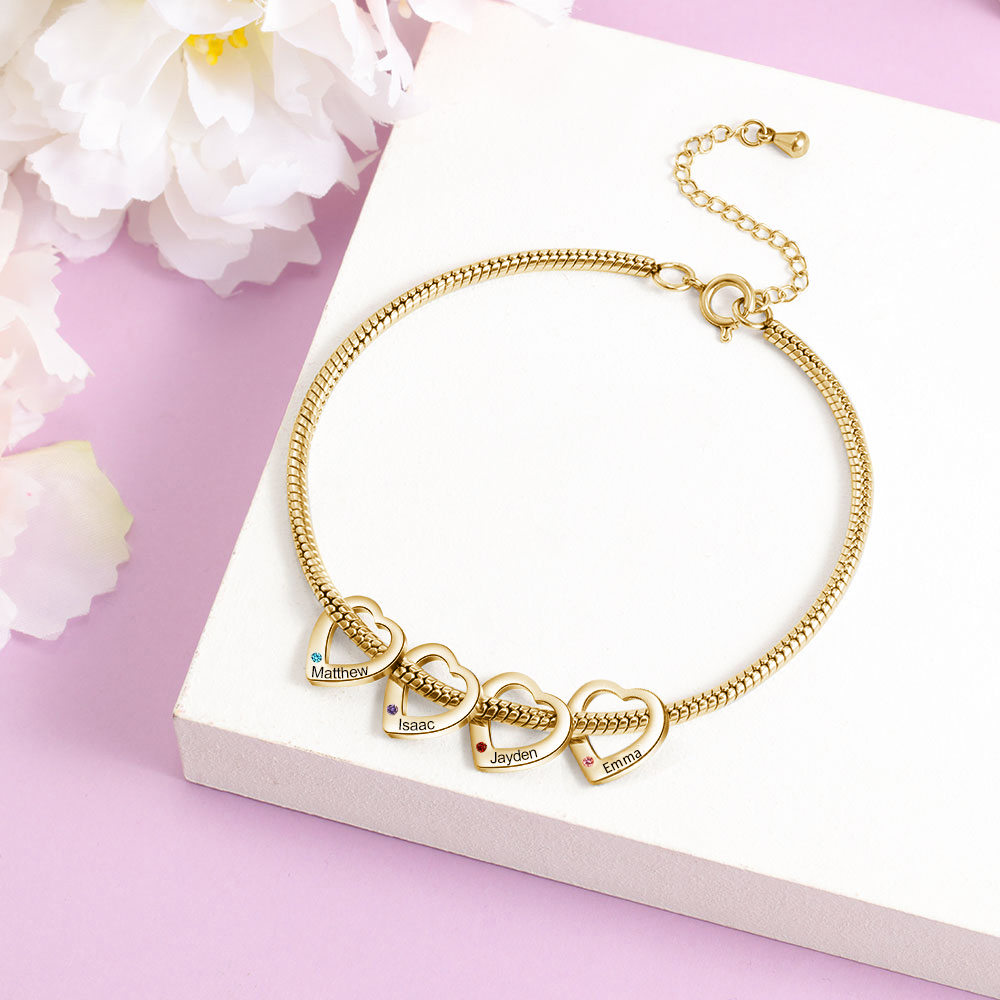 4 Names & 4 Birthstones Heart Charm Custom Birthstone Anklet – Mother’s Day Gift with Love | Lorajewel