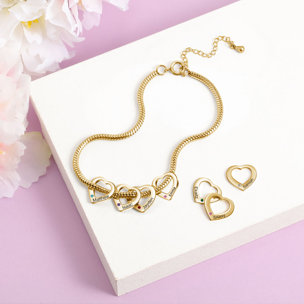 4 Names & 4 Birthstones Heart Charm Custom Birthstone Anklet – Mother’s Day Gift with Love | Lorajewel