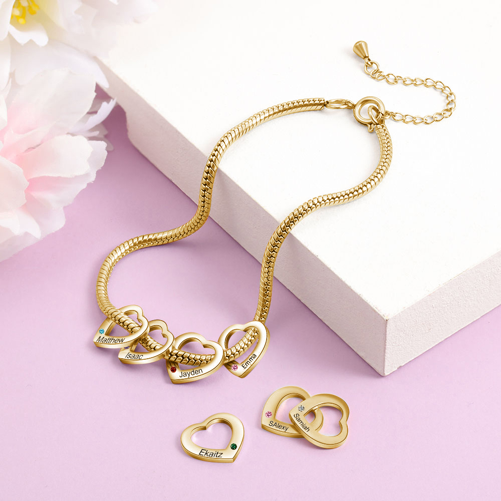 4 Names & 4 Birthstones Heart Charm Custom Birthstone Anklet – Mother’s Day Gift with Love | Lorajewel