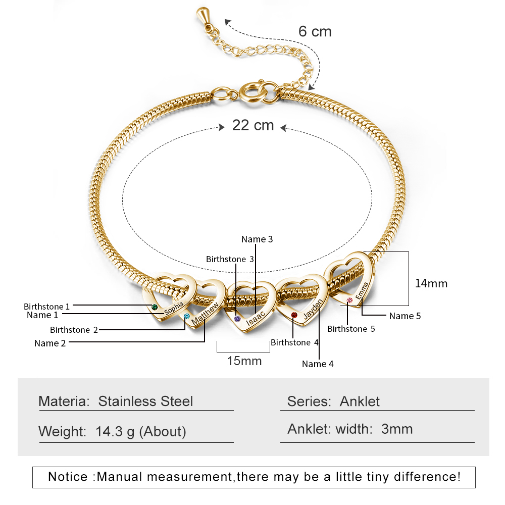 5 Names & 5 Birthstones Heart Charm Custom Birthstone Anklet – Mother’s Day Gift with Love | Lorajewel