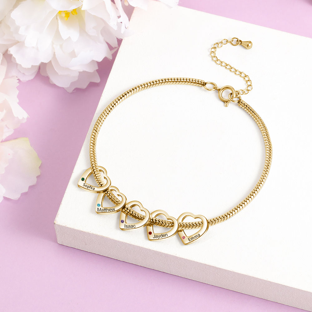 5 Names & 5 Birthstones Heart Charm Custom Birthstone Anklet – Mother’s Day Gift with Love | Lorajewel