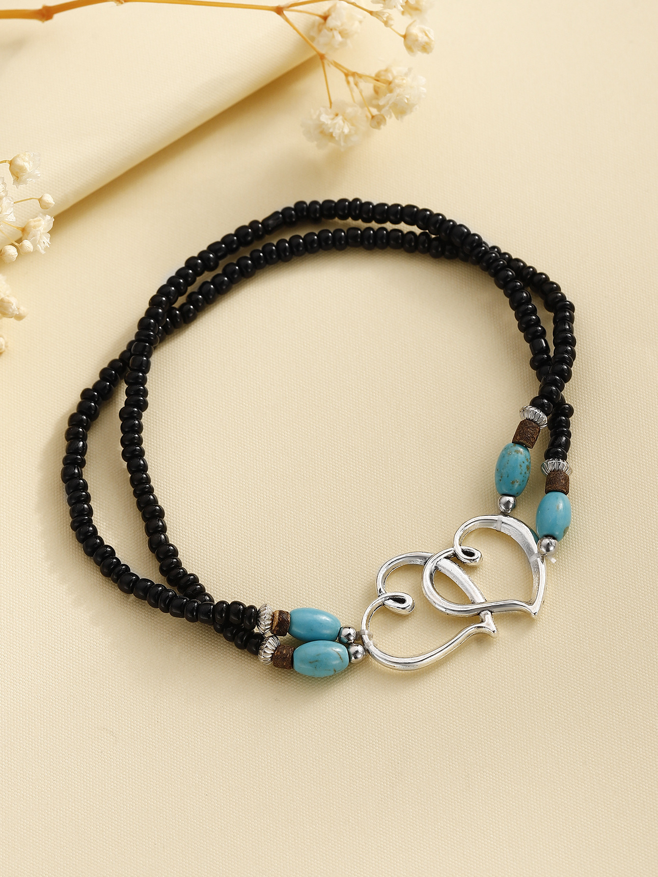 Personalized Double Heart Beaded Bracelet with Turquoise Accents Ankle