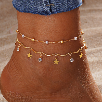 Delicate Double-Layer Star and Pearl Anklet Set Adjustable Gold Chain