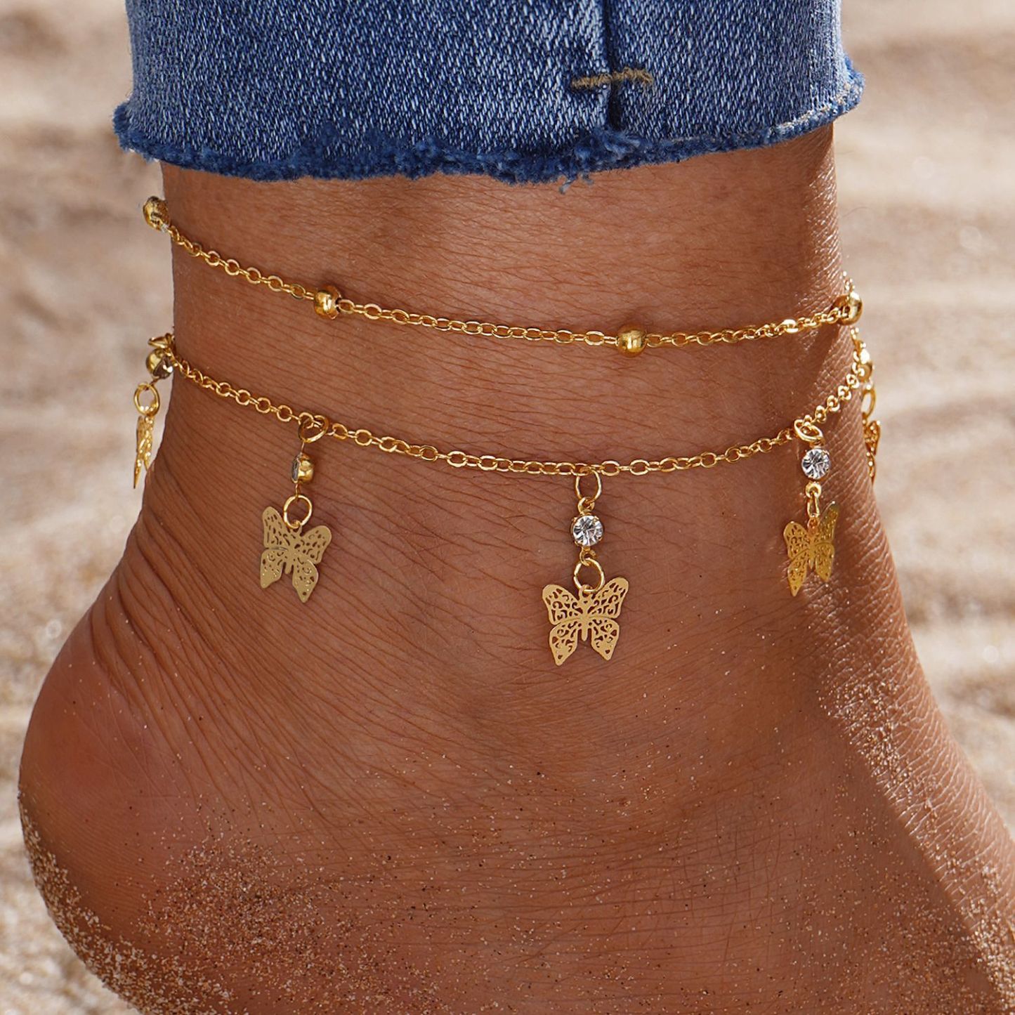 Gold Butterfly Charm Anklet Set with Crystal Accents