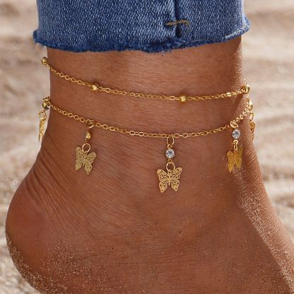 Gold Butterfly Charm Anklet Set with Crystal Accents