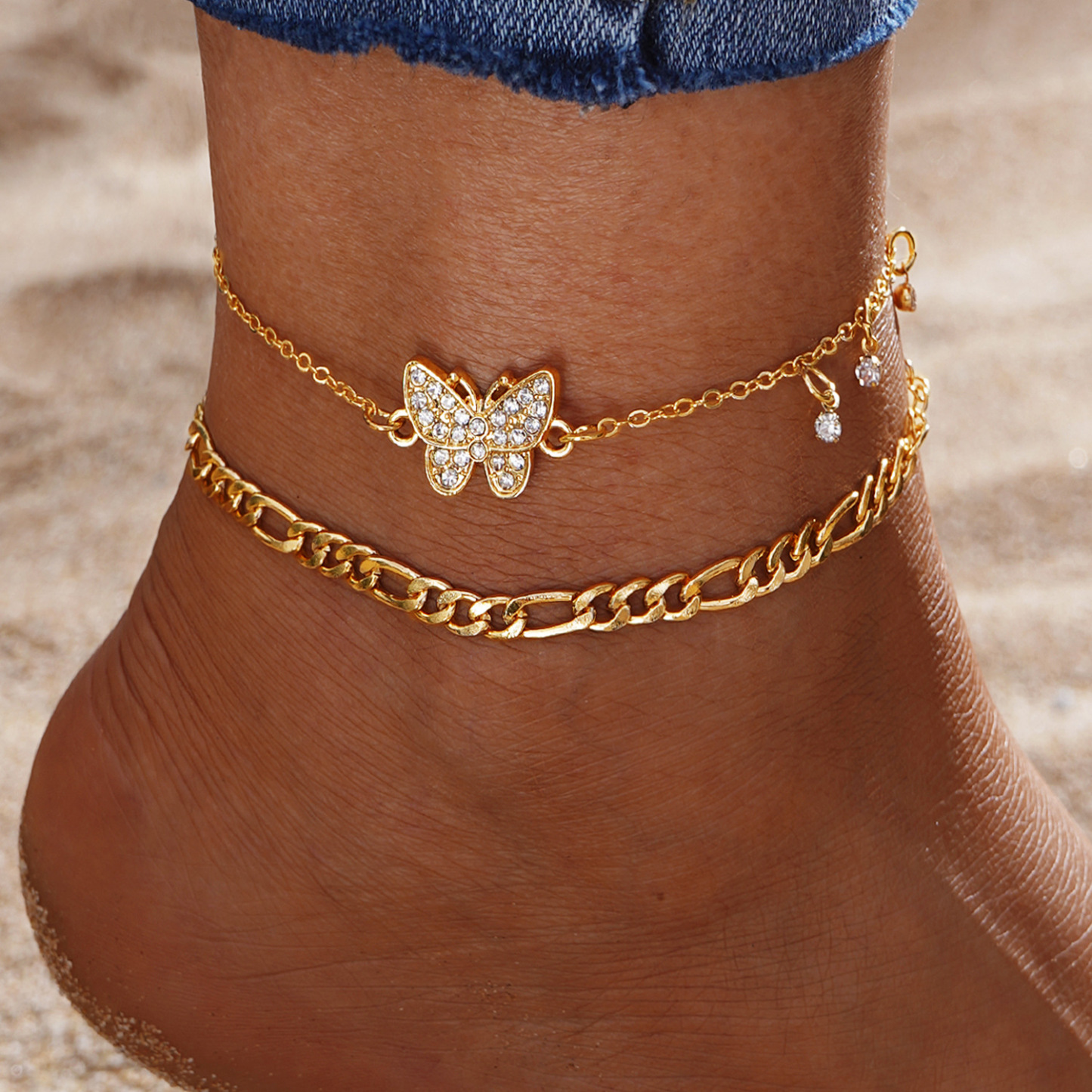 Gold Butterfly Charm Anklet Set with Rhinestone Accents Double-Layer anklet