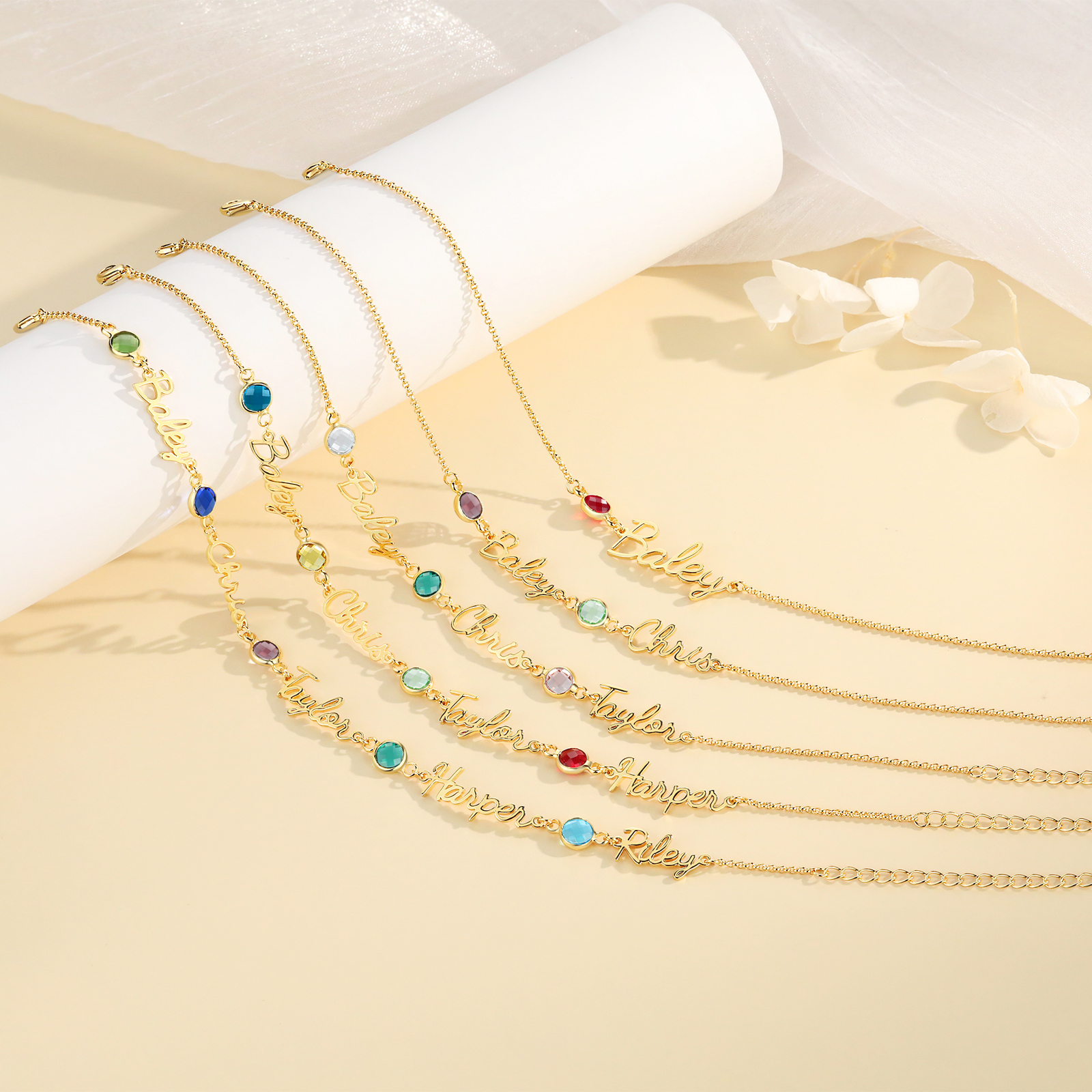 Personalized Name Anklet with Birthstone – Unique Script Name & Birthstone, Personalized Gold Jewelry Gift