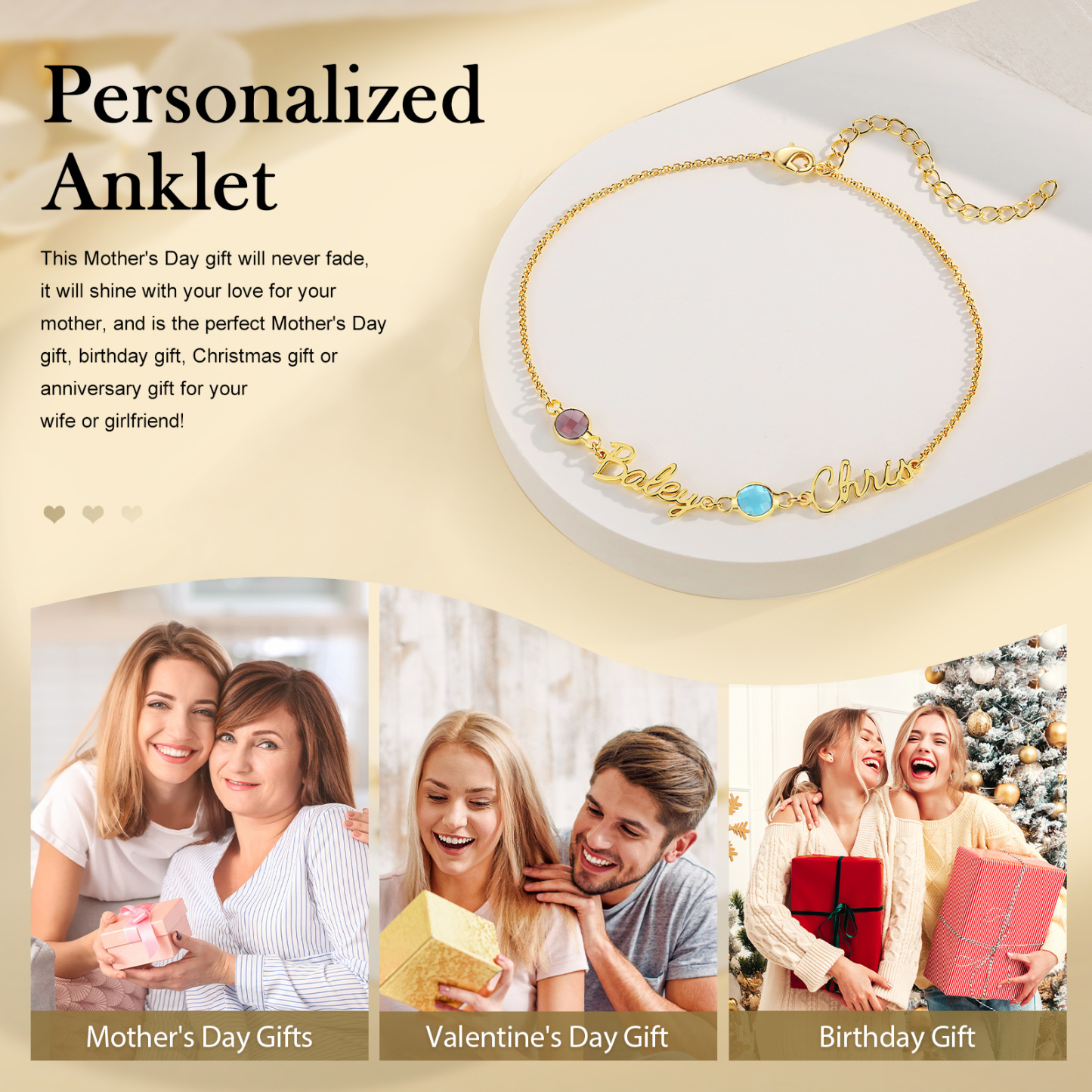 2 names & birthstones - Personalized Name Anklet with Birthstone – Unique Script Name & Birthstone, Personalized Gold Jewelry Gift