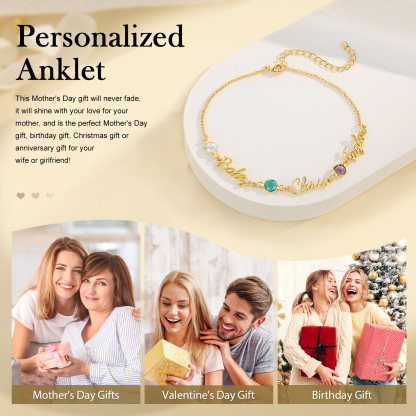 3 names & birthstones - Personalized Name Anklet with Birthstone – Unique Script Name & Birthstone, Personalized Gold Jewelry Gift