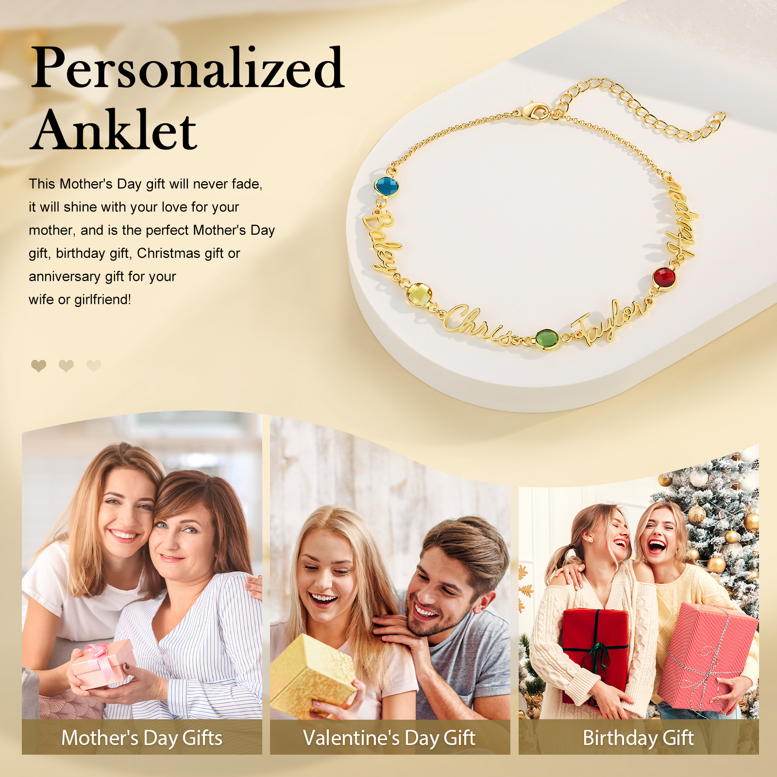 4 names & birthstones - Personalized Name Anklet with Birthstone – Unique Script Name & Birthstone, Personalized Gold Jewelry Gift