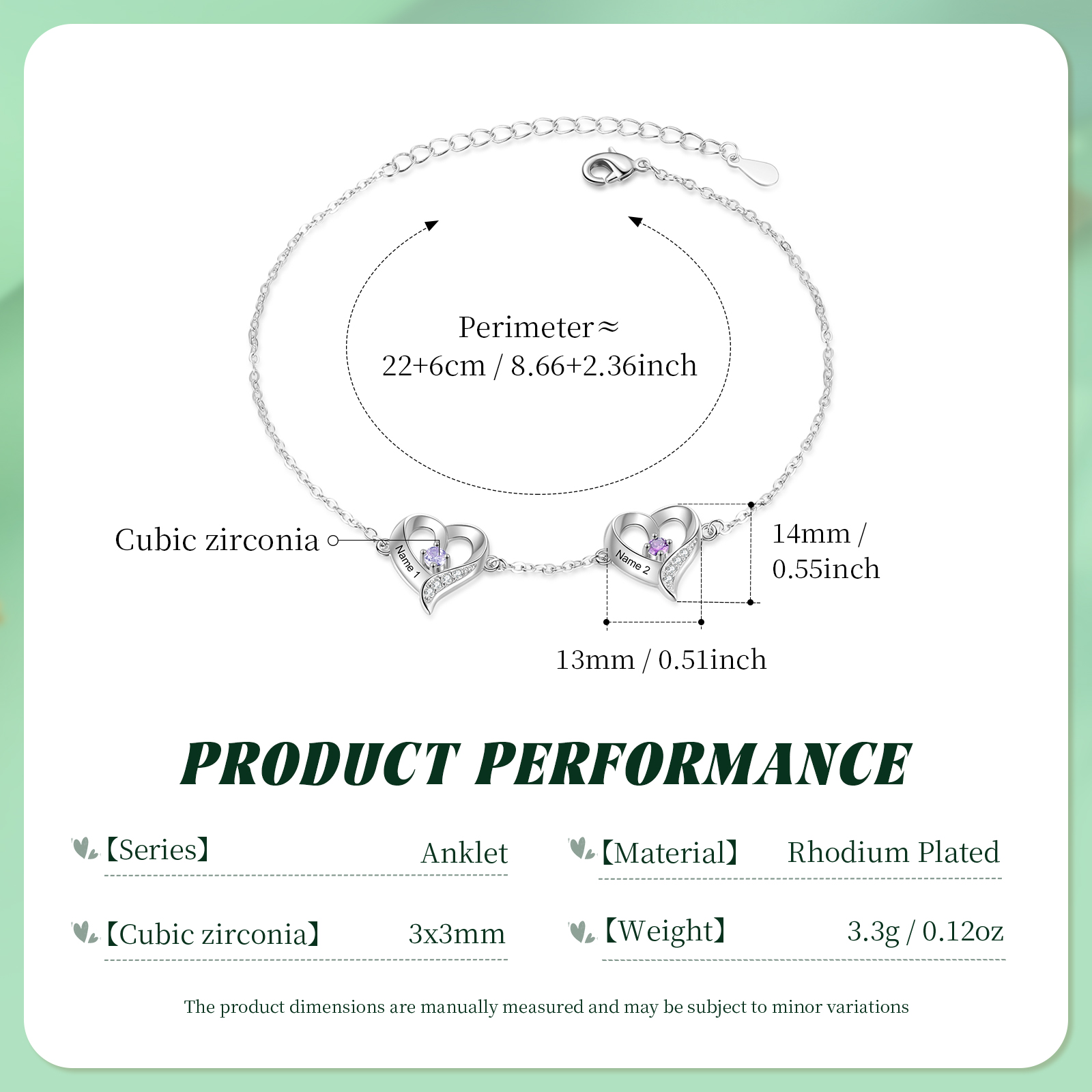 2 names & Birthstones - Personalized Heart Anklet – Custom Birthstone & Name, Unique Gift for Her