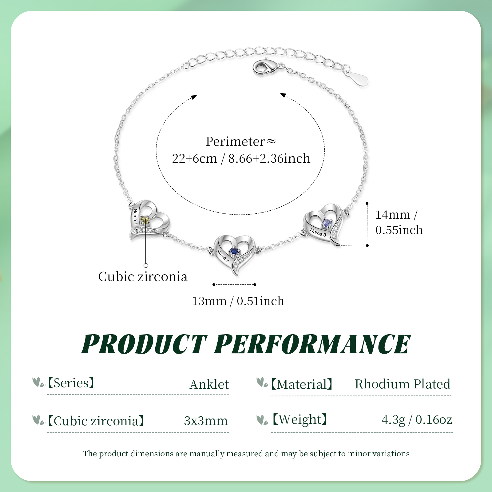 3 names & Birthstones - Personalized Heart Anklet – Custom Birthstone & Name, Unique Gift for Her