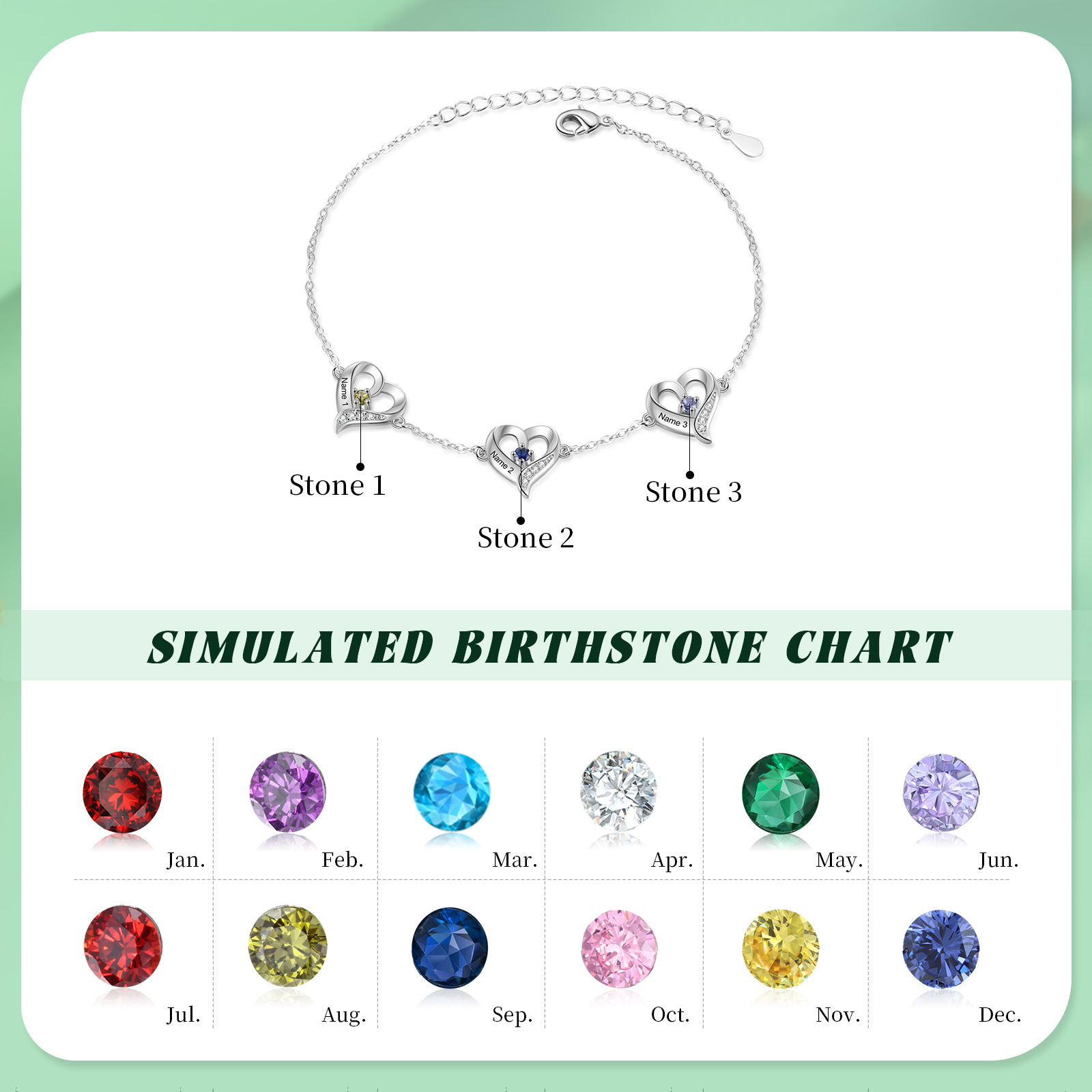 3 names & Birthstones - Personalized Heart Anklet – Custom Birthstone & Name, Unique Gift for Her