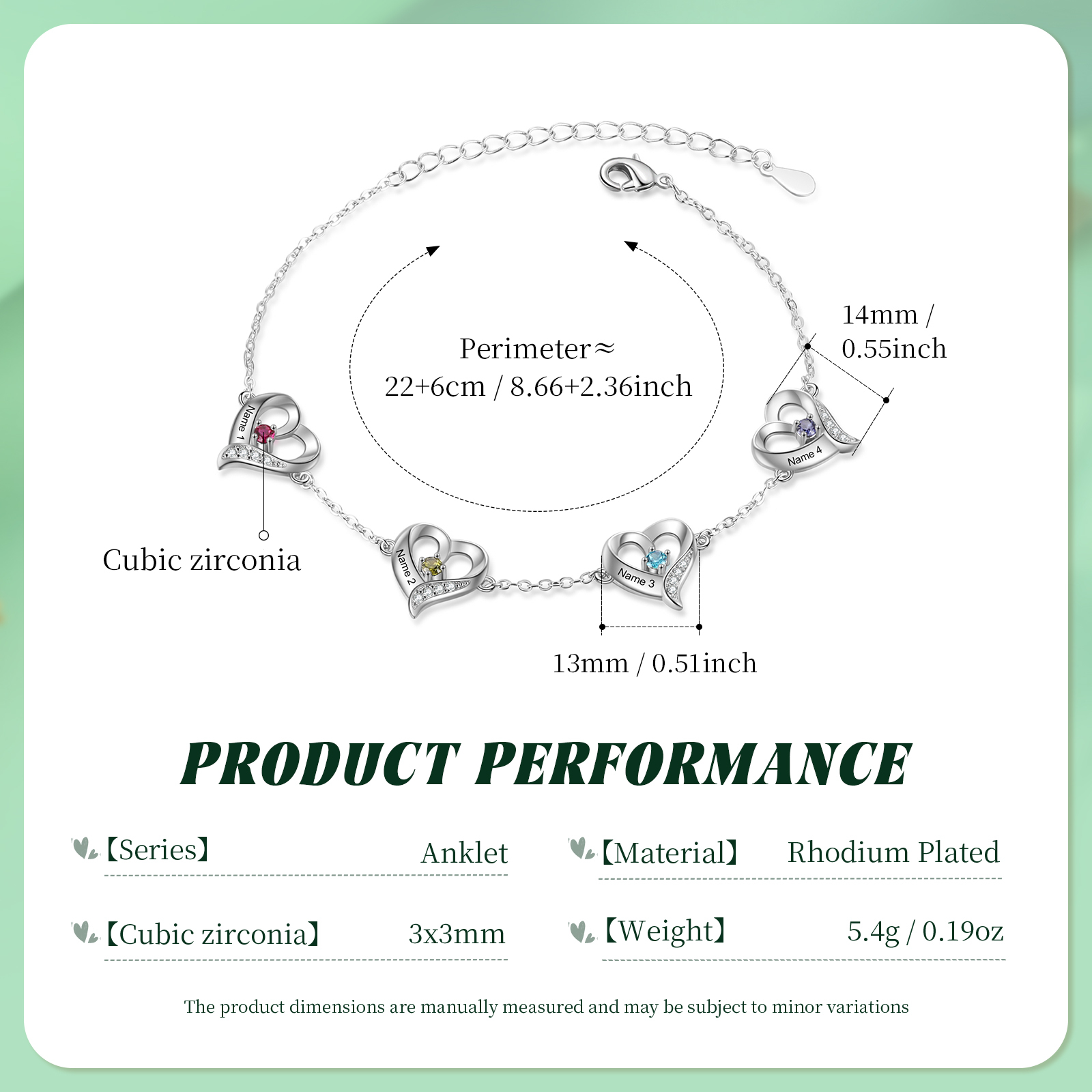 4 names & Birthstones - Personalized Heart Anklet – Custom Birthstone & Name, Unique Gift for Her