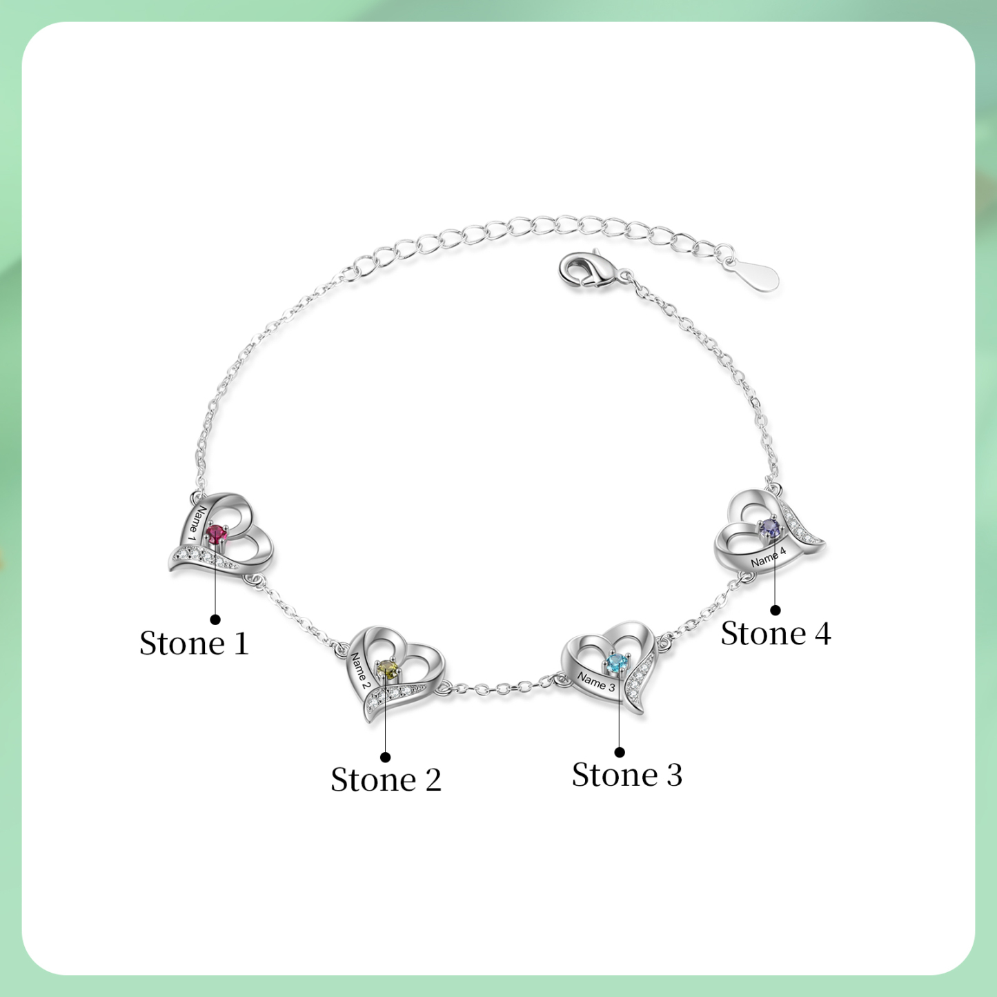 4 names & Birthstones - Personalized Heart Anklet – Custom Birthstone & Name, Unique Gift for Her