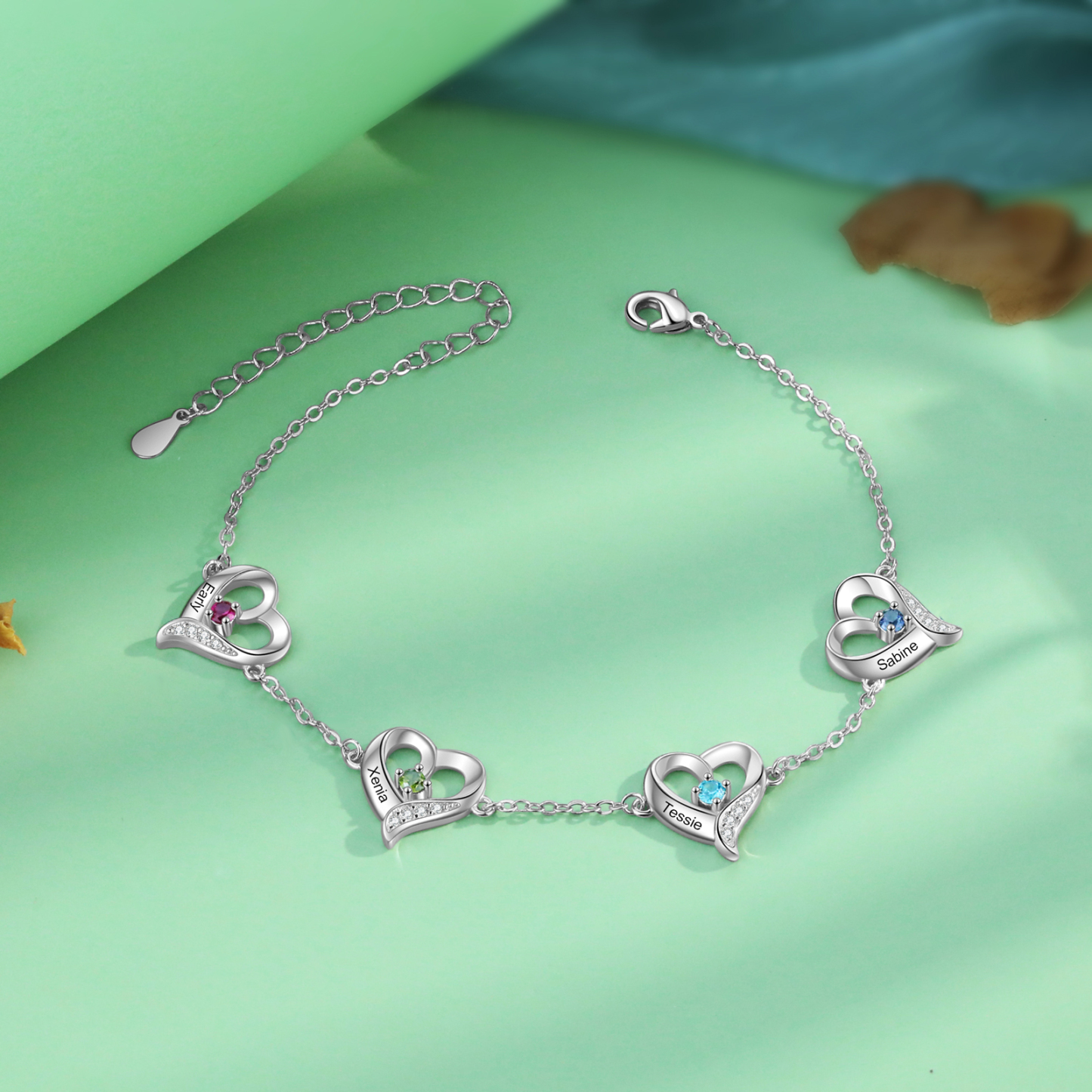 4 names & Birthstones - Personalized Heart Anklet – Custom Birthstone & Name, Unique Gift for Her