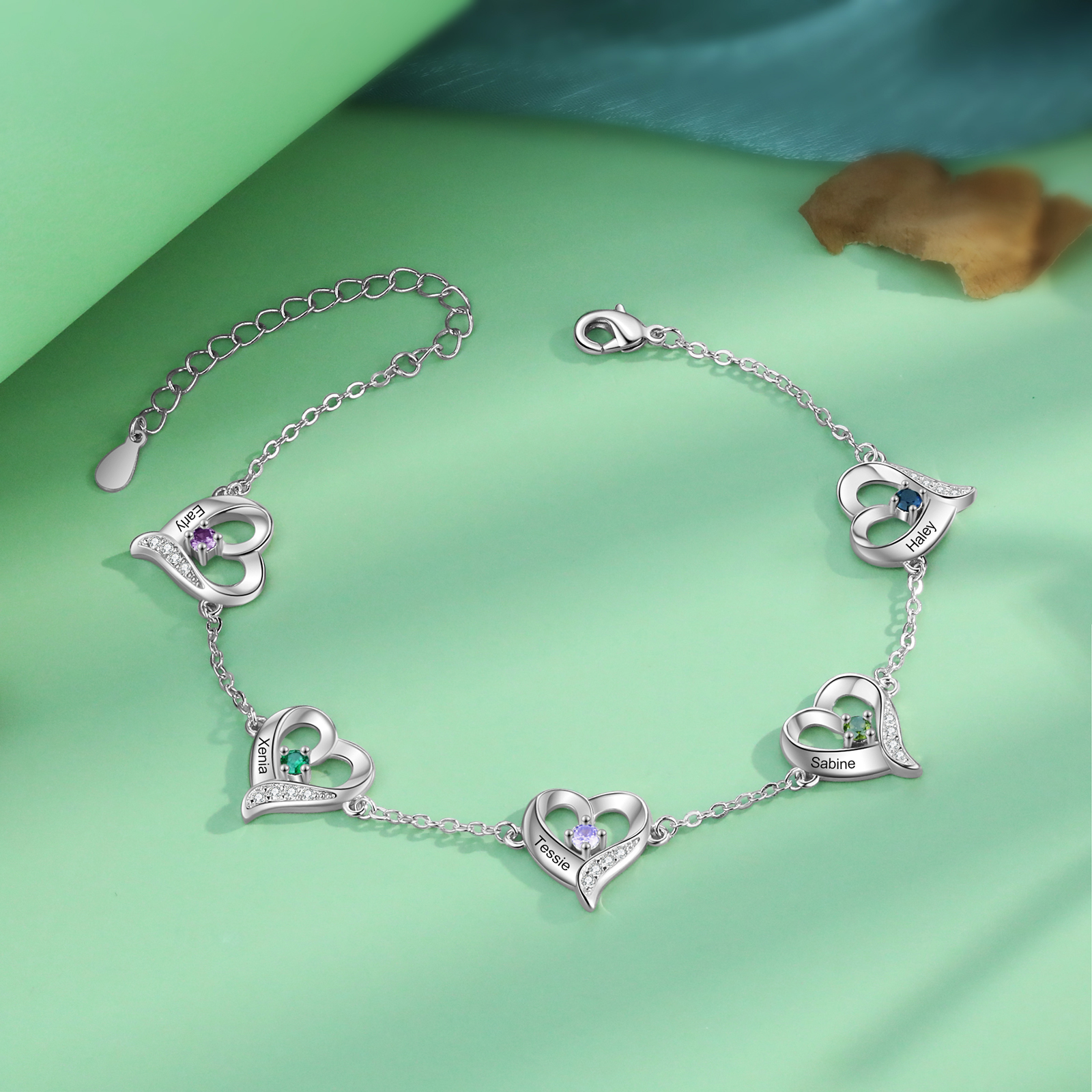 5 names & Birthstones - Personalized Heart Anklet – Custom Birthstone & Name, Unique Gift for Her