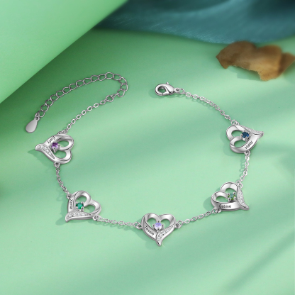 5 names & Birthstones - Personalized Heart Anklet – Custom Birthstone & Name, Unique Gift for Her