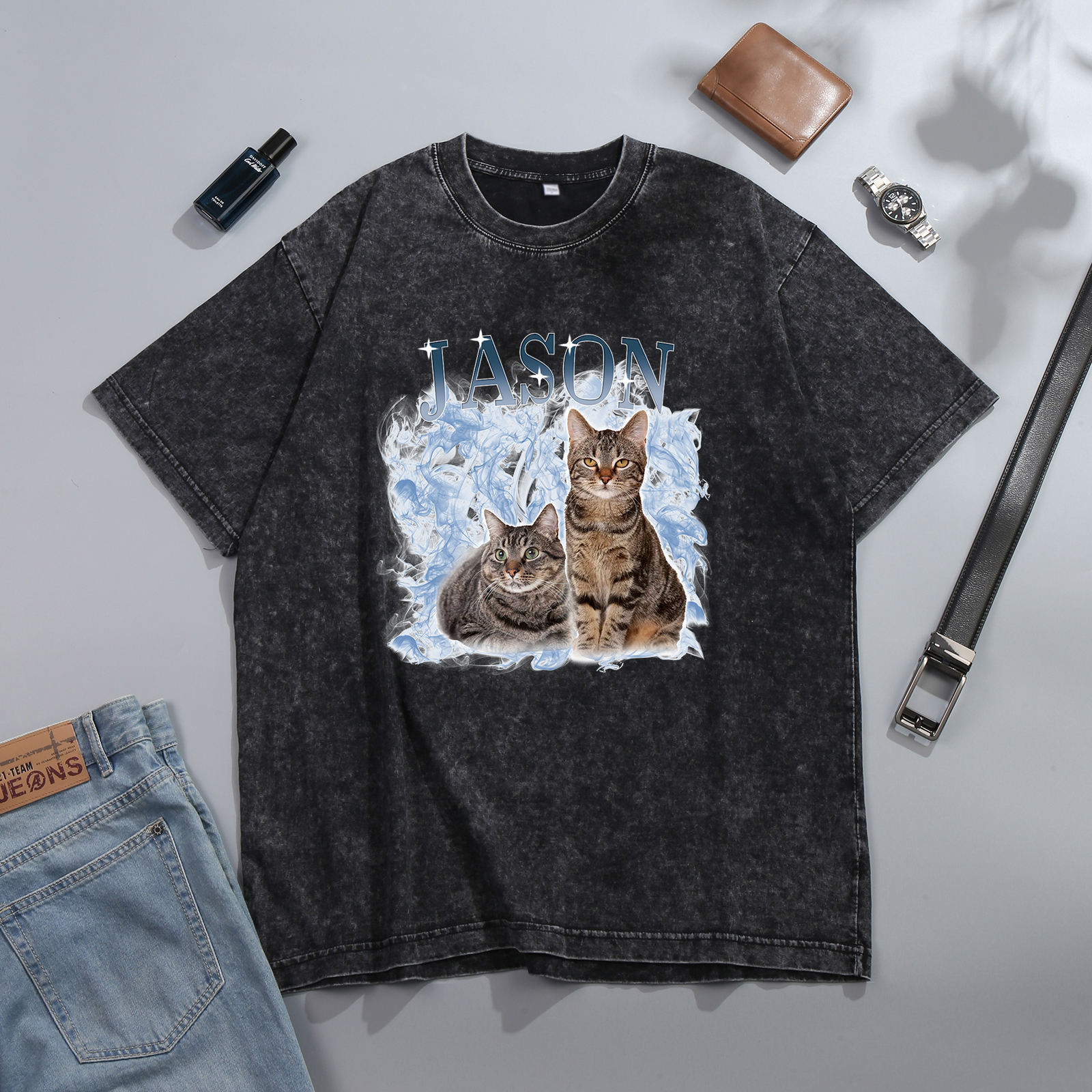 Personalized 1 Name & 2 Photos T-Shirt Custom Pet Short Sleeve Gifts for Him