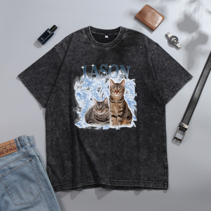 Personalized 1 Name & 2 Photos T-Shirt Custom Pet Short Sleeve Gifts for Him