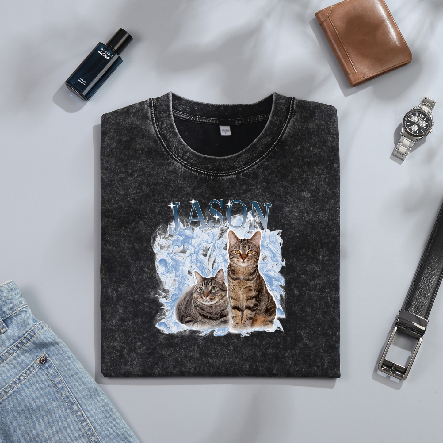 Personalized 1 Name & 2 Photos T-Shirt Custom Pet Short Sleeve Gifts for Him