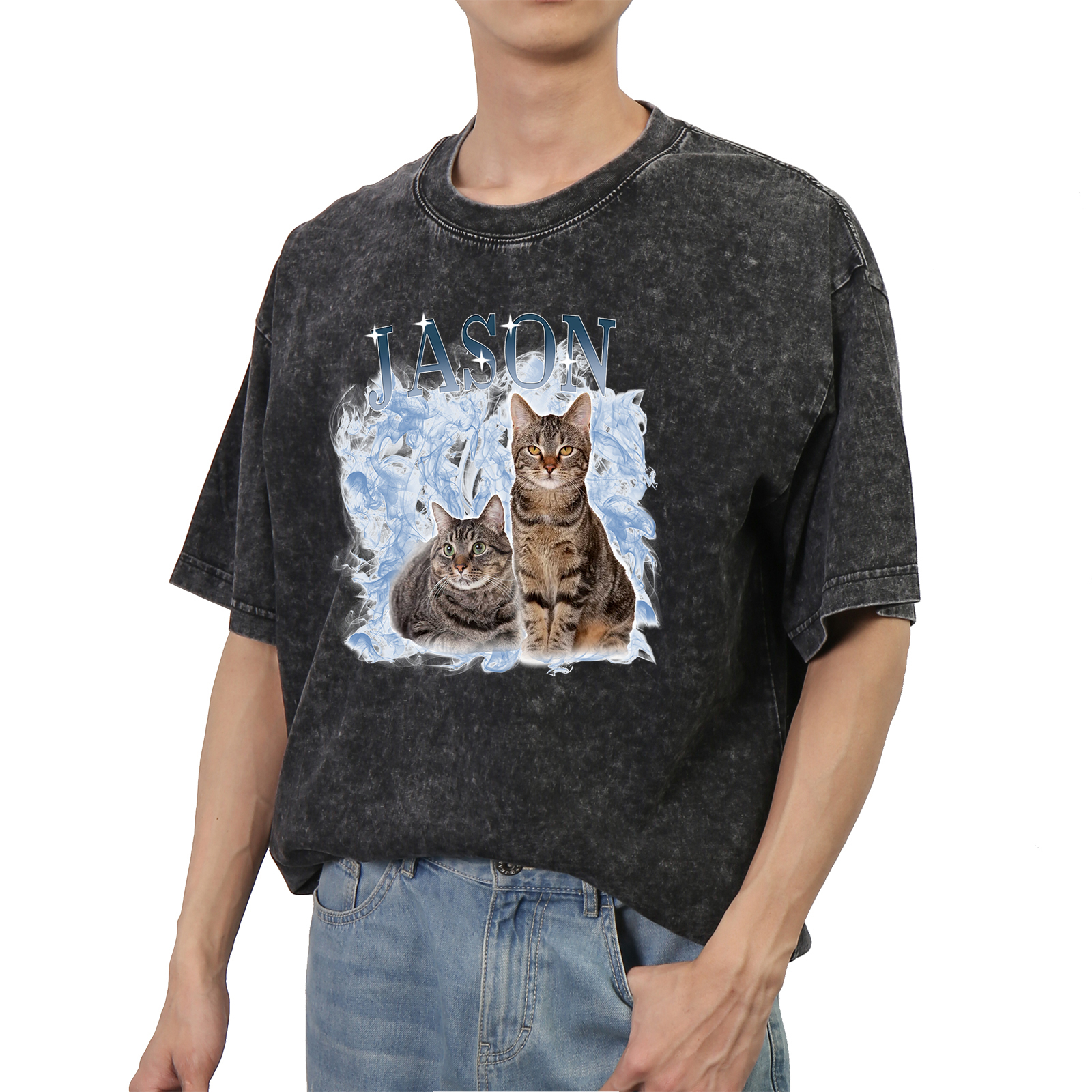 Personalized 1 Name & 2 Photos T-Shirt Custom Pet Short Sleeve Gifts for Him