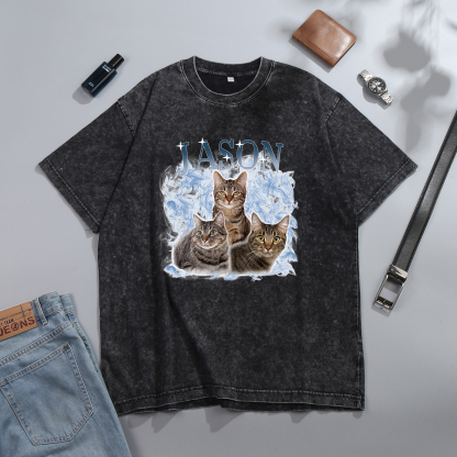 Personalized 1 Name & 3 Photos T-Shirt Custom Pet Short Sleeve Gifts for Him