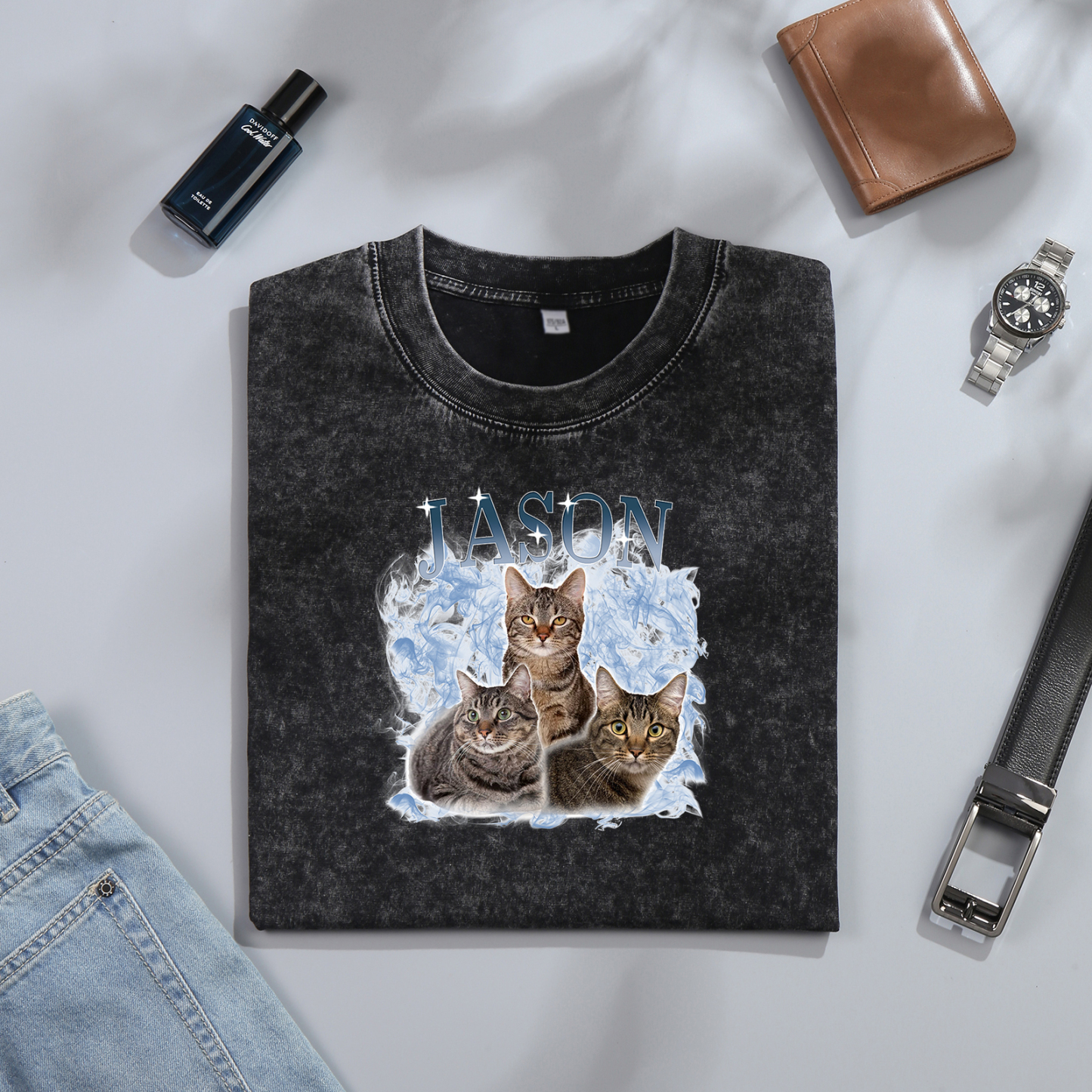 Personalized 1 Name & 3 Photos T-Shirt Custom Pet Short Sleeve Gifts for Him