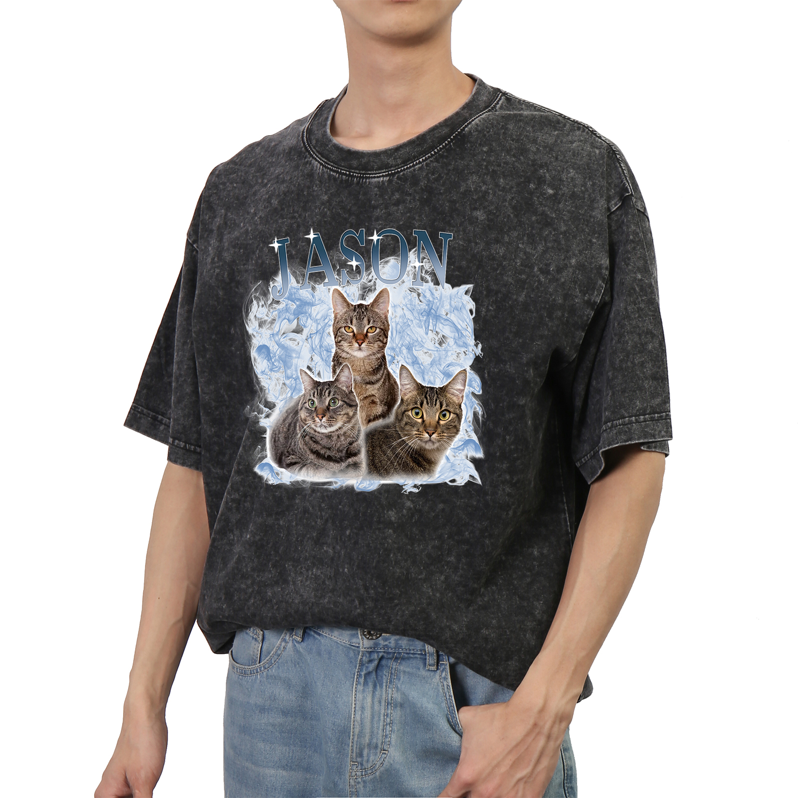 Personalized 1 Name & 3 Photos T-Shirt Custom Pet Short Sleeve Gifts for Him