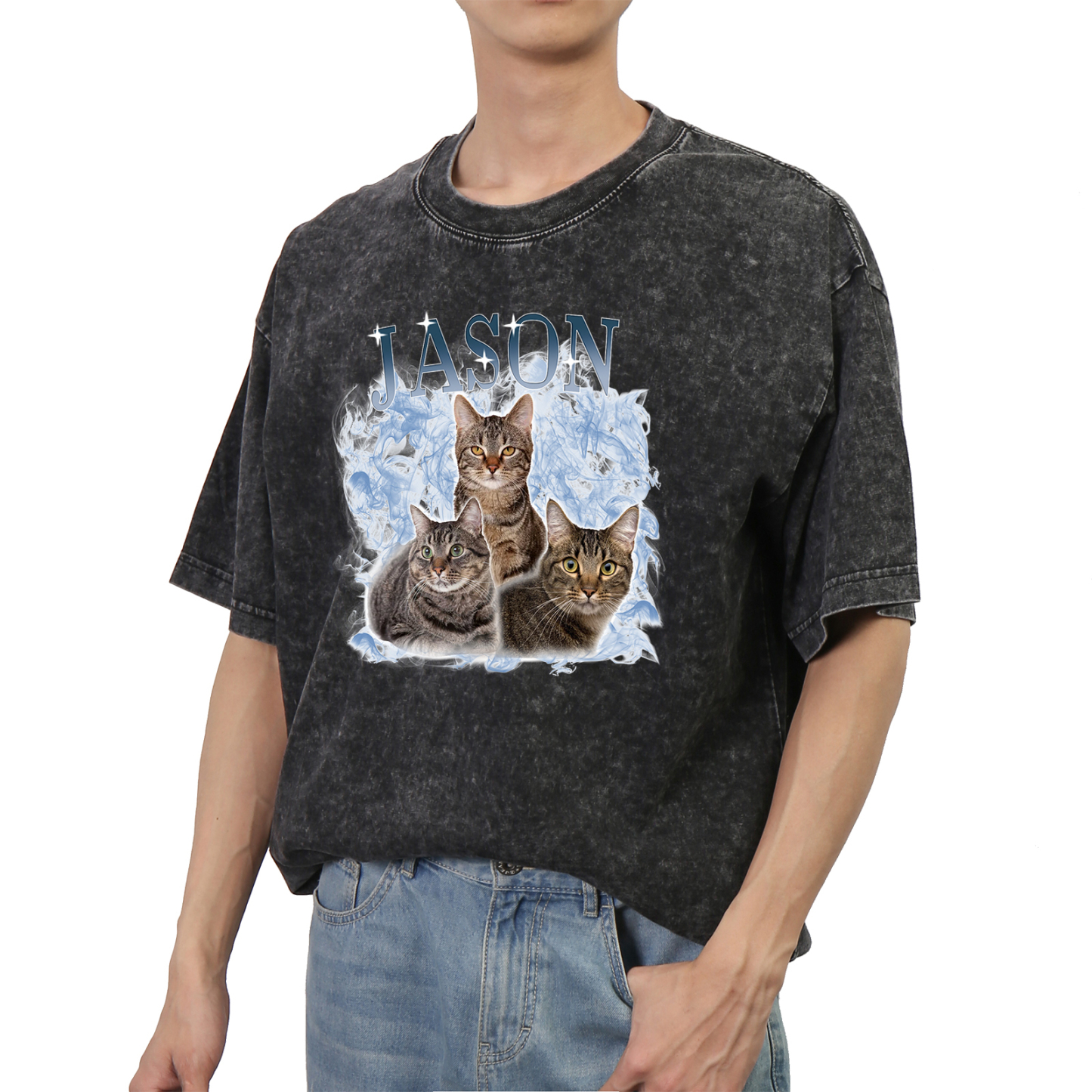 Personalized 1 Name & 3 Photos T-Shirt Custom Pet Short Sleeve Gifts for Him