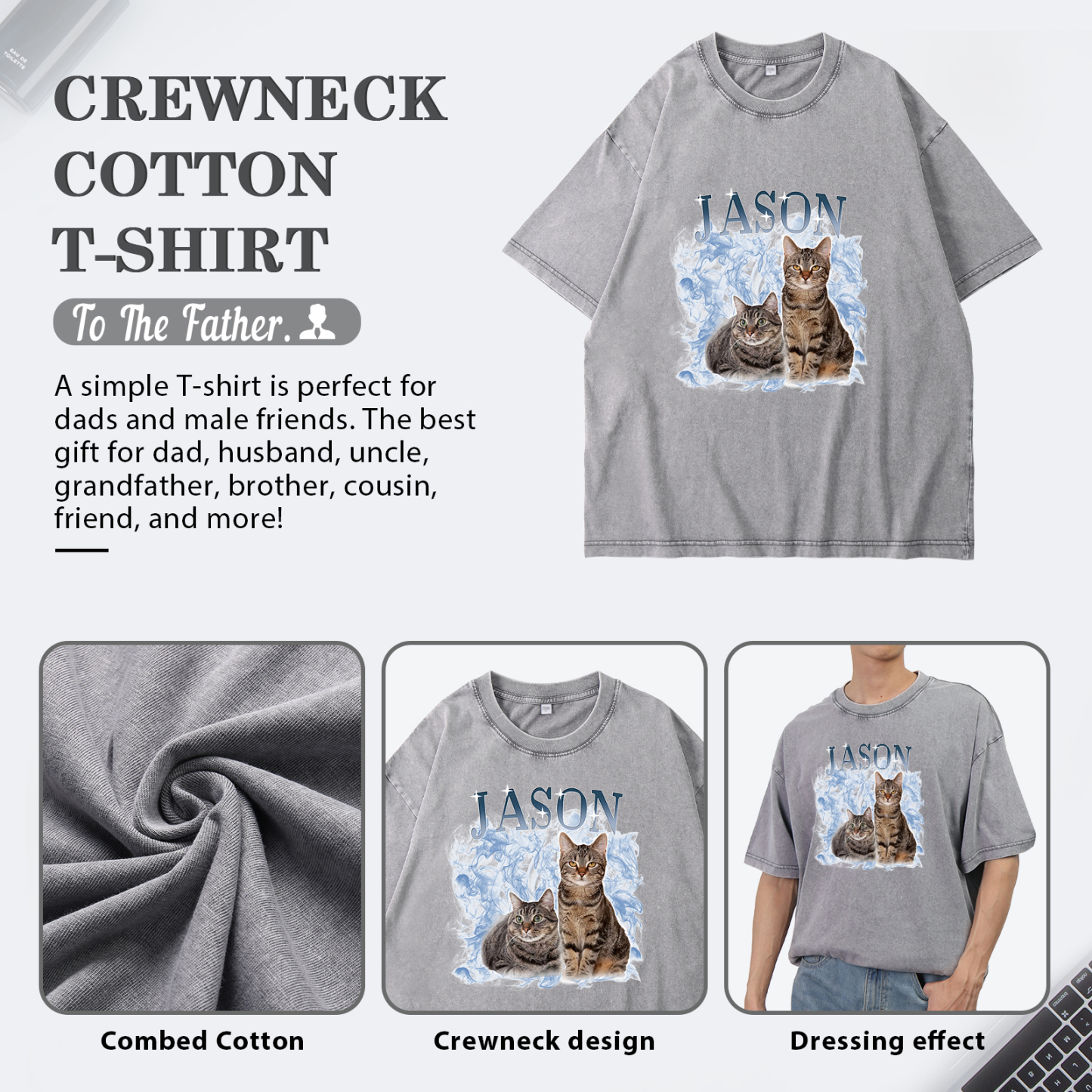 Personalized 1 Name & 2 Photos T-Shirt Custom Pet Short Sleeve Gifts for Him